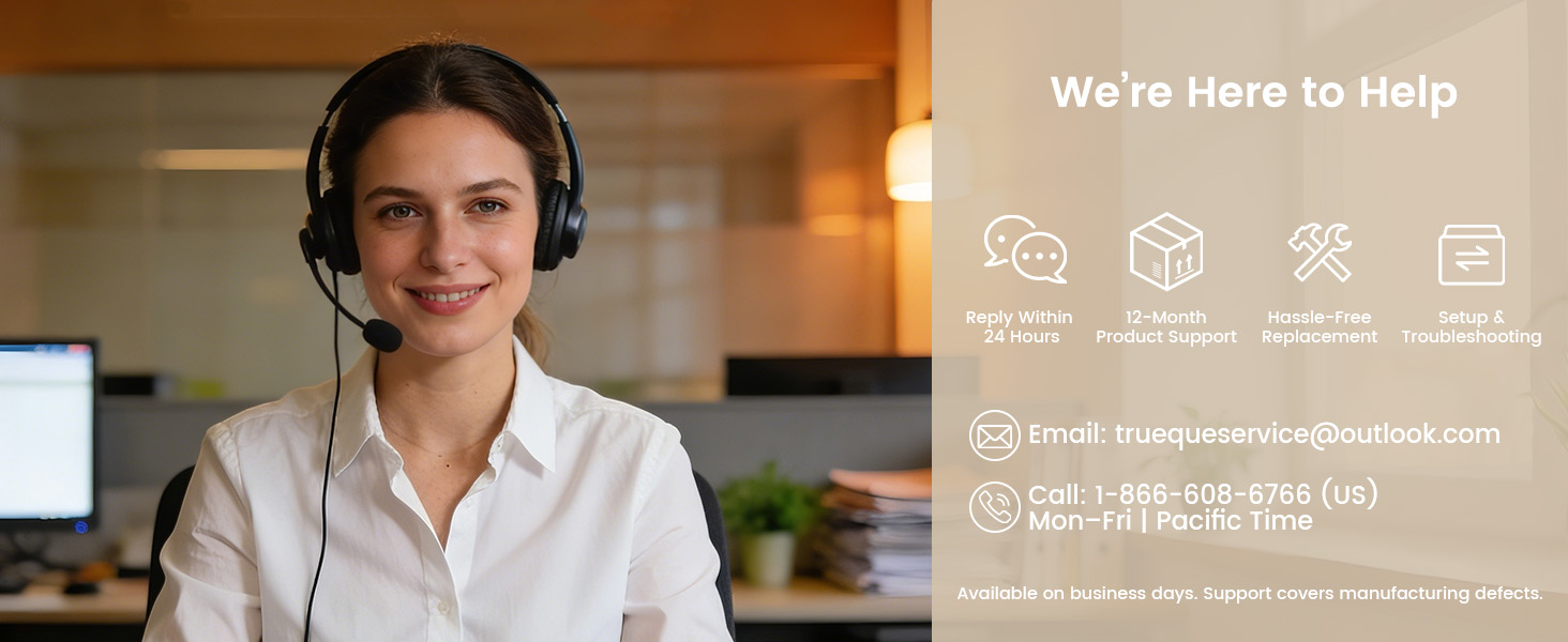 Reply within 24 hours, Product Support, free replacement, plus setup and troubleshooting help