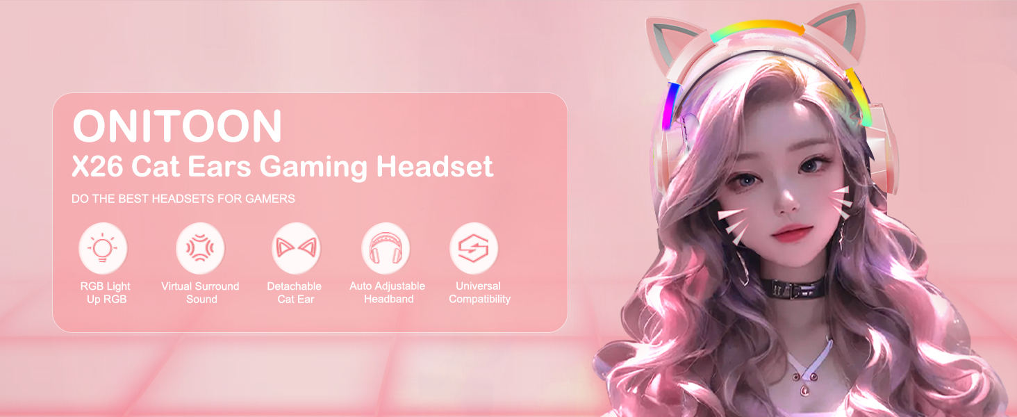 Onitoon omotoon cat ears gaming headset X26 Pink