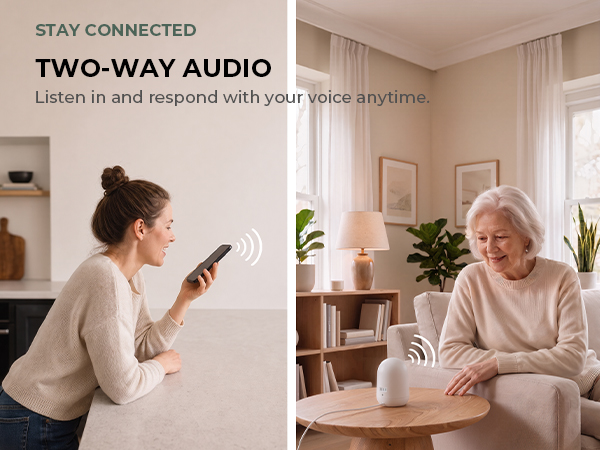 Woman speaks with an older adult through the camera's two-way audio feature.