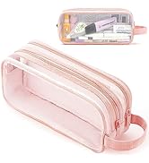 Large Grid Mesh Pencil Case 2 Compartments, Clear Pen Pencil Pouch with Zipper, Multifunction Tra...