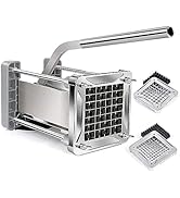 Stainless steel french fry cutter with interchangeable blade grids. Features a long handle for leverage and two sizes of cutting blades for different fry thicknesses.