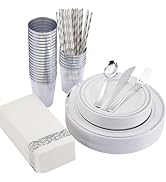 ISFANGCO 200 Pieces Plastic Plates, Disposable Silverware for 25 Guests, Dinnerware Set (Silver)