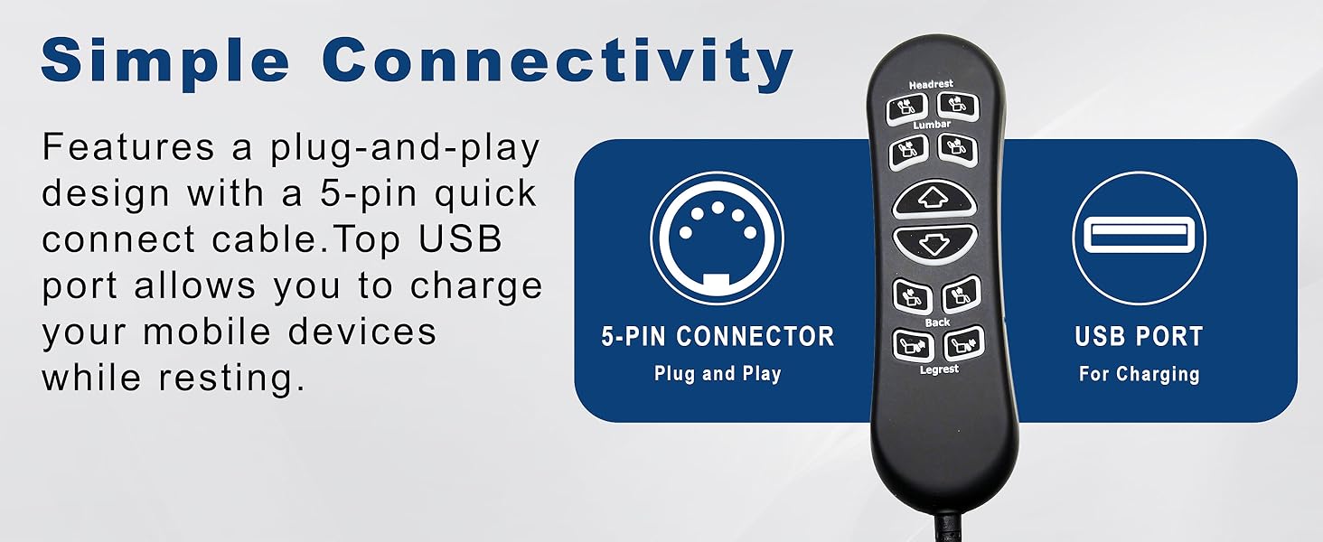 Features a plug and play design with a 5-pin quick connect cable. Top USB port to charge your phone.
