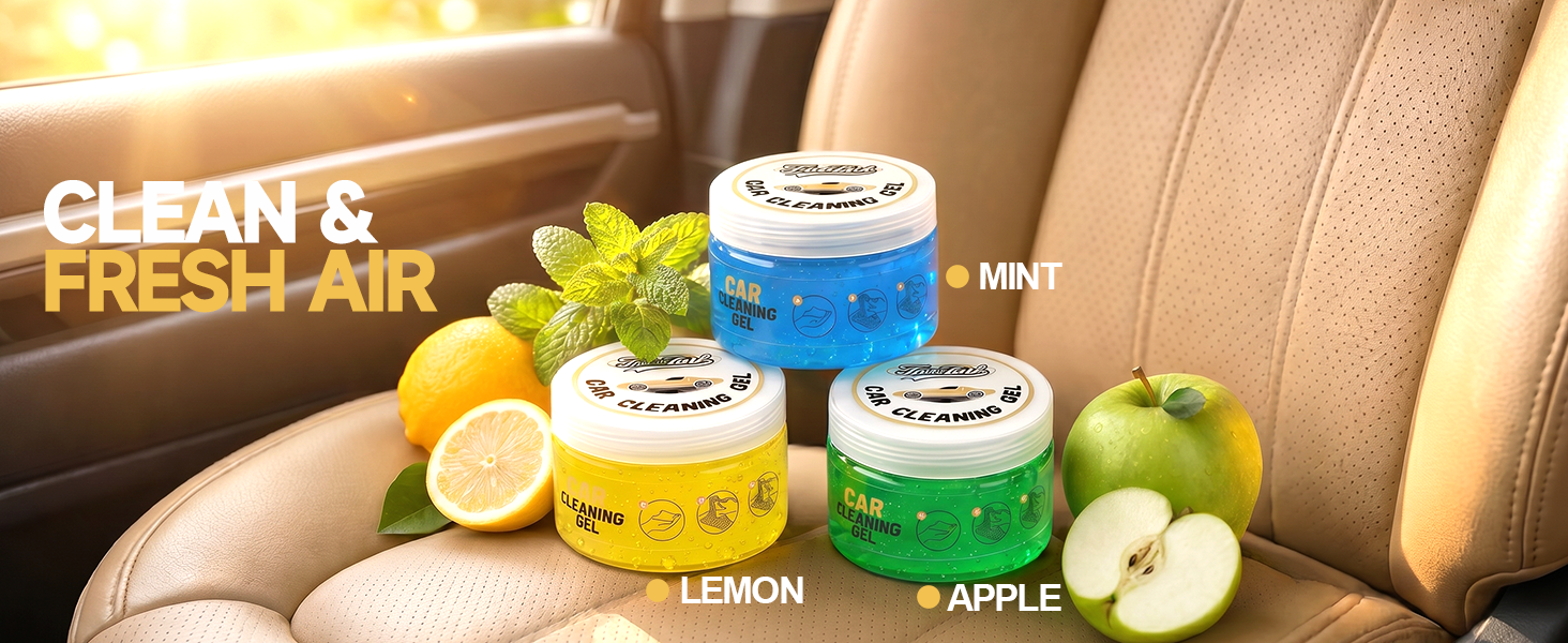 Three scented of car cleaning gel—Mint, Lemon, Apple-sit on a leather car accessories interior seat