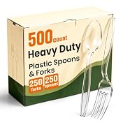 500 Count Plastic Silverware Heavy Duty,Clear Plastic Forks and Spoons, 250 PlasticSpoons & 250 F...