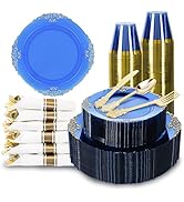 Pryntono 350PCS Gold and Blue Plastic Plates, Gold Plastic Dinnerware Sets for 50 Guests, 100 Dis...