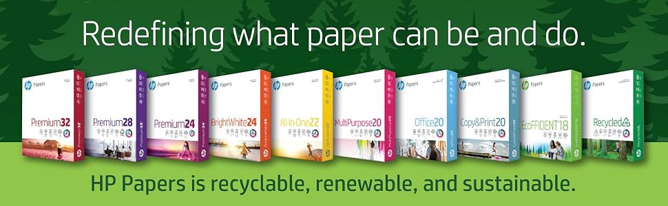 Array of complete line of HP Papers, HP Papers is recyclable, renewable, and sustainable.