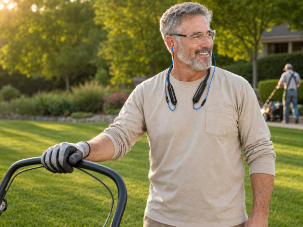 An old man is happily lawn mowing while using the HomeSpot Neckband