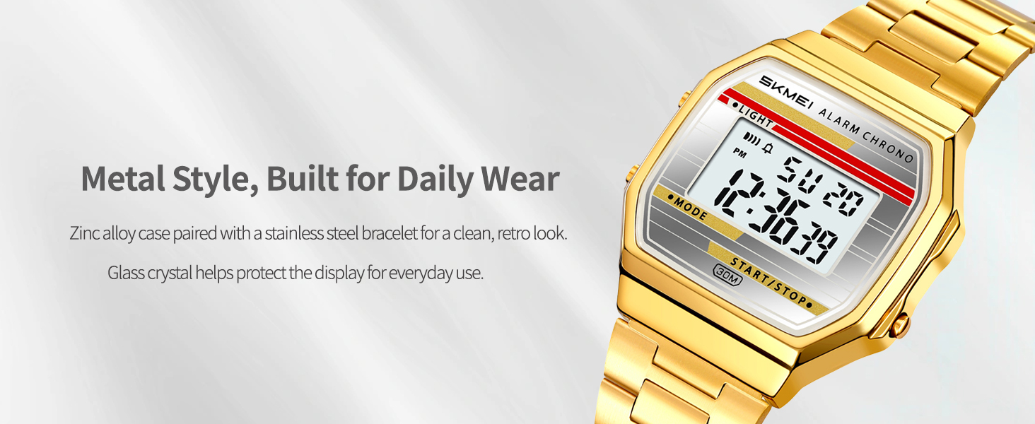 Rectangular retro digital watch with metal bracelet and glass crystal, durable daily-wear design
