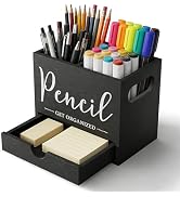 First-zgel Pencil Pen Holder for Desk, Wooden Marker Holder with Drawer, 2 Slots Dual-Purpose Des...