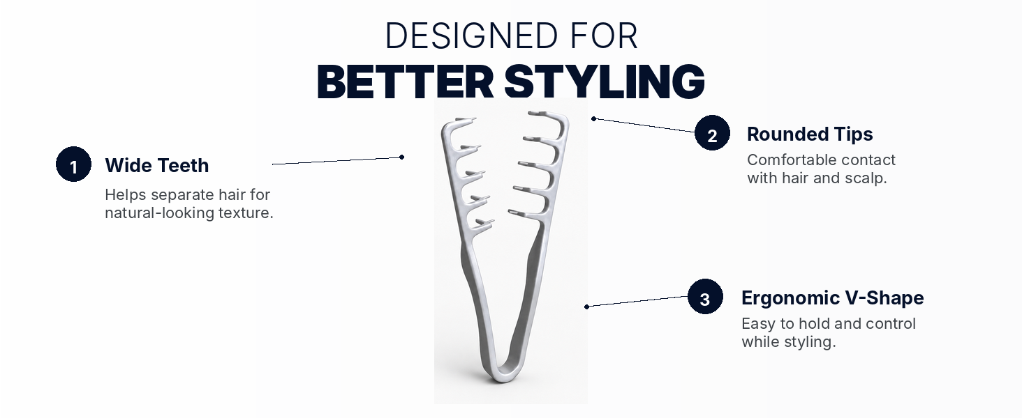 Wide-tooth V-shaped comb with rounded tips for comfortable styling control.
