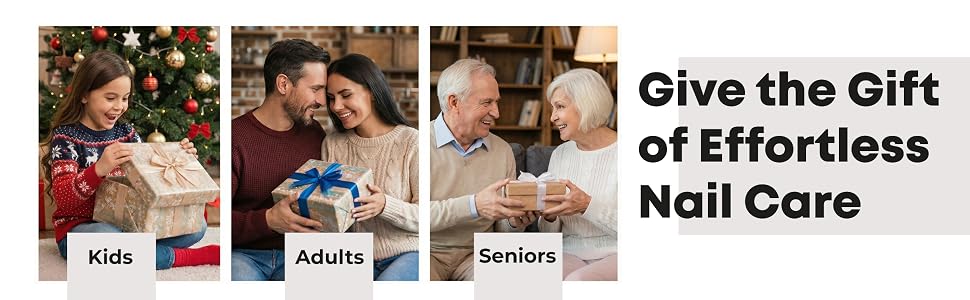 Three images show kids, adults, and seniors receiving gifts beside text about effortless nail care