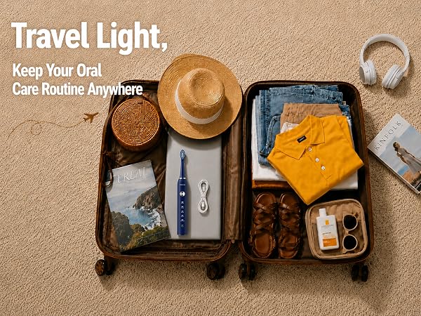 Text reads 'Travel Light, Keep Your Oral Care Routine Anywhere.' Flat-lay arrangement showing travel toiletries including toothbrush, hat, oral care items, snacks, and accessories organized in compartments.