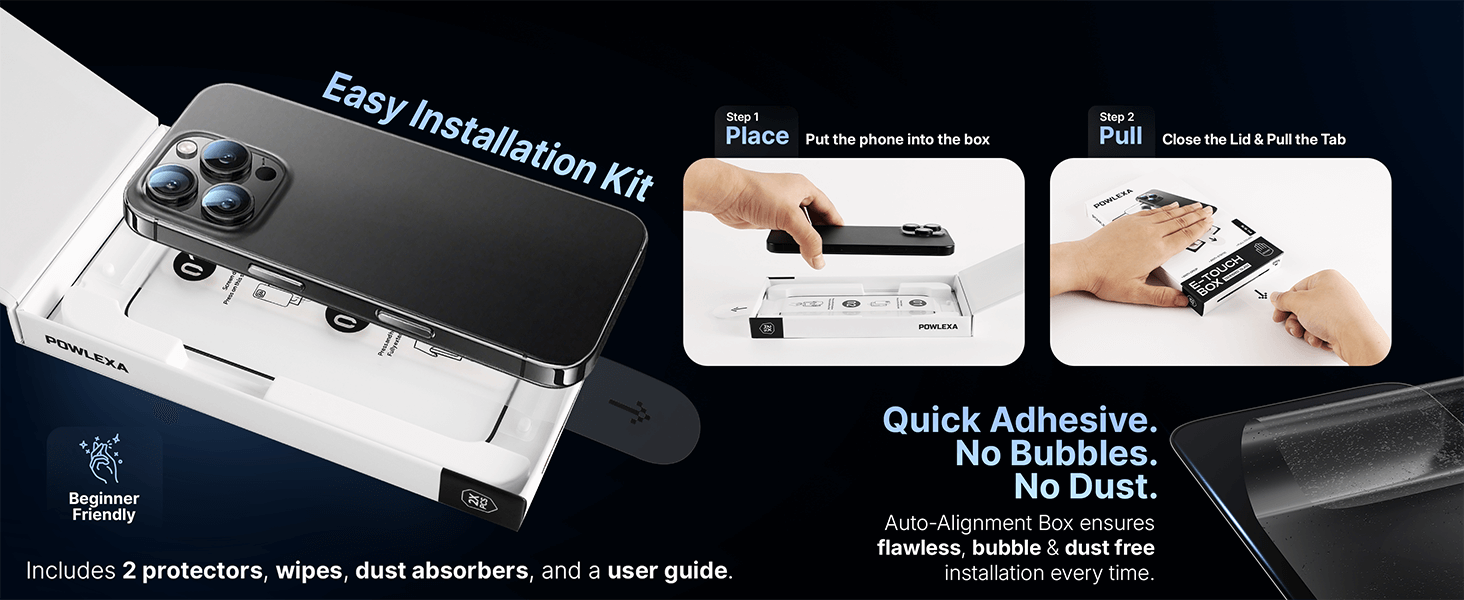 Powlexa iPhone 16 screen protector auto-alignment box easy installation bubble-free dust-free kit