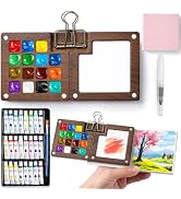 Mini Watercolor Paint Set, 24 Colors Portable Pocket Watercolour Travel Kit with 15 Grid Wood Pai...