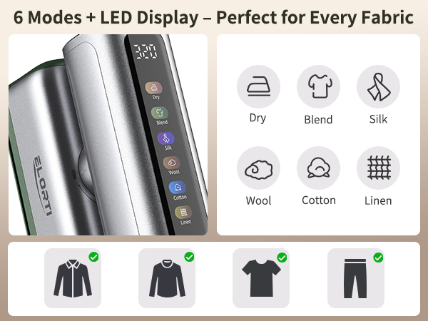 handheld garment steamer for clothes, 6 professional modes, large LED, safe on all fabric types