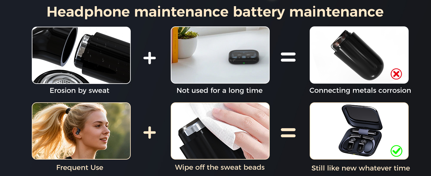 Text reads 'Headphone maintenance battery maintenance'. Tutorial showing steps for headphone battery replacement with plus and equals symbols between images.