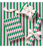 RUSPEPA Reversible Wrapping Paper Roll, Mini Roll, Green & Light Pink Stripes and Diamond Pattern...