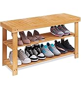 SMIBUY Bamboo Shoe Rack Bench, 3-Tier Shoe Organizer Storage Shelf for Entryway Hallway Bathroom ...
