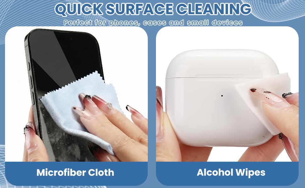 Microfiber cloth and alcohol wipes for cleaning AirPods, phones, and charging cases