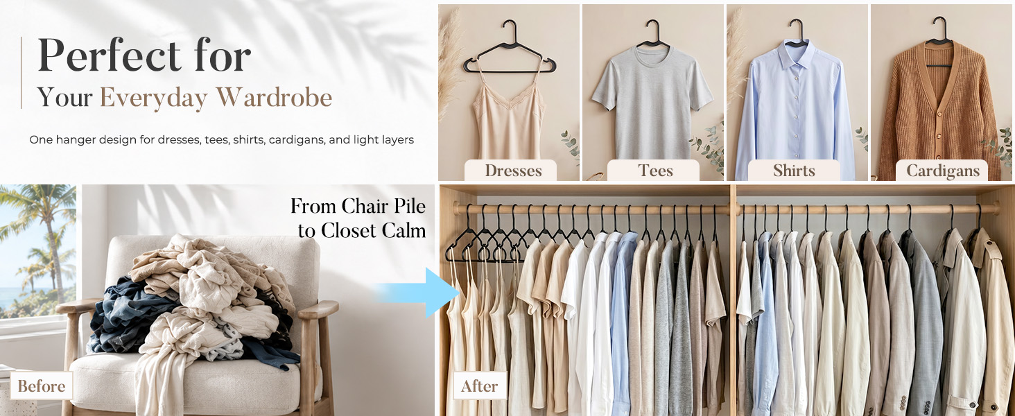 Slim hangers holding everyday clothing in a compact, organized closet