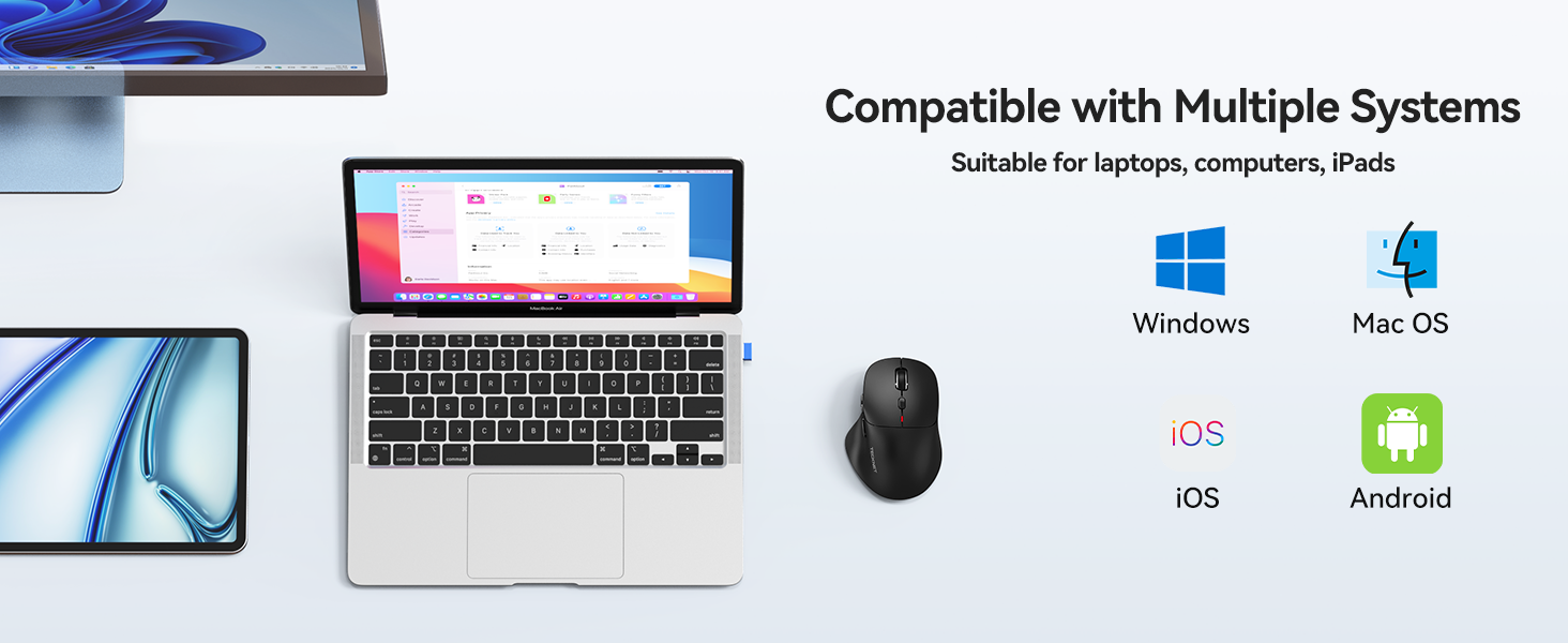 Text reads 'Compatible with Multiple Systems'. Similar to Image 2, showing device compatibility chart with Windows, Mac OS, iOS, and Android systems represented by logos and devices.