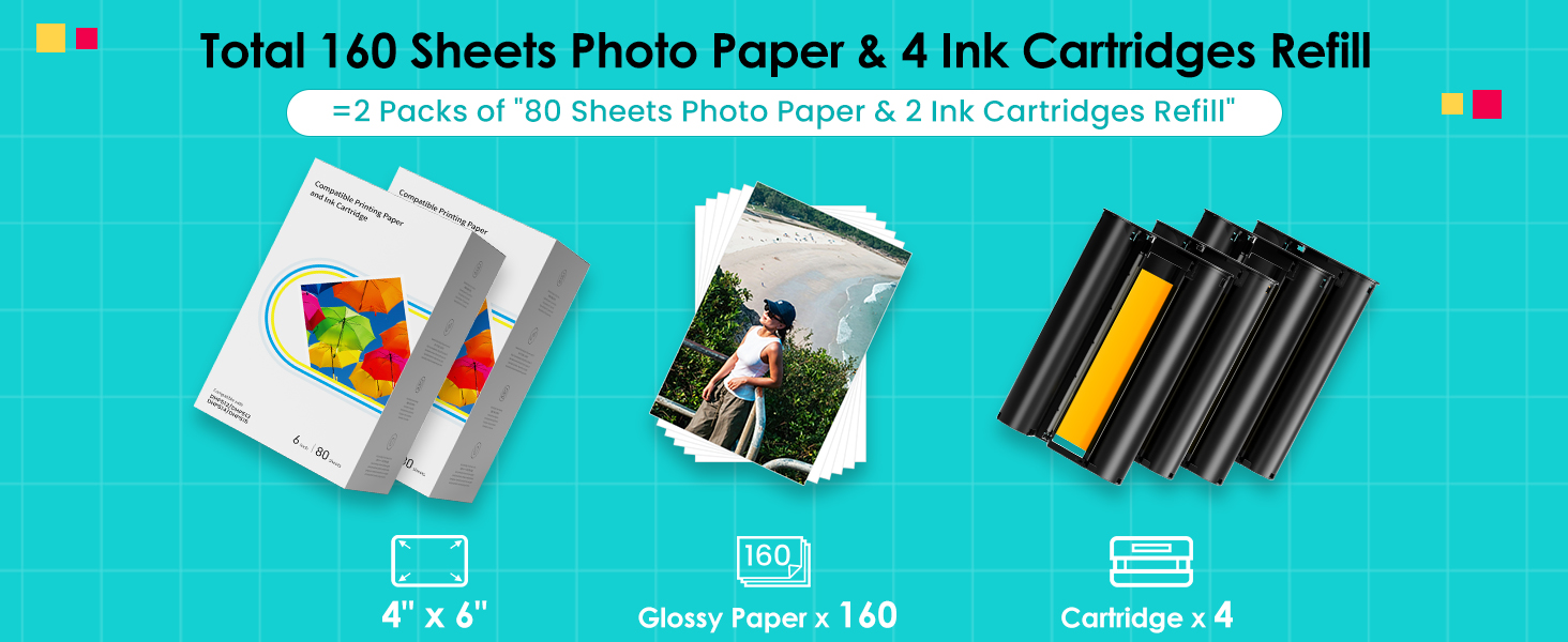 Compatible with Liene Amber M100/M200 4" x 6" 80 Sheets Photo Paper 2 Ink Cartridge Refill