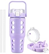 MUKOKO 32 oz Glass Tumbler with Straw,Glass Water Bottles with Time Marker,Iced Coffee Cup with S...
