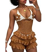 Inroserm Women's Beach Crochet Halter Neck Romper Swimsuits Vacation Backless Jumpsuits with Ruff...