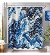 AmazerBath Shower Curtain Blue, Marble Fall Fabric Shower Curtain Sets with 12 Shower Curtain Hoo...