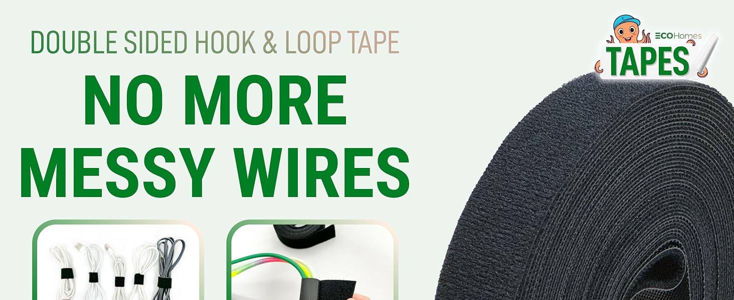 Double sided hook and loop tape roll for neat cable management at home, office, or garage