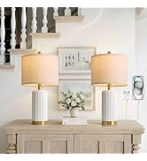 PoKat 21.5'' Stone-Like Bedside Table Lamps Set of 2 for Bedroom with 2 USB A+C, Modern Lamps for...
