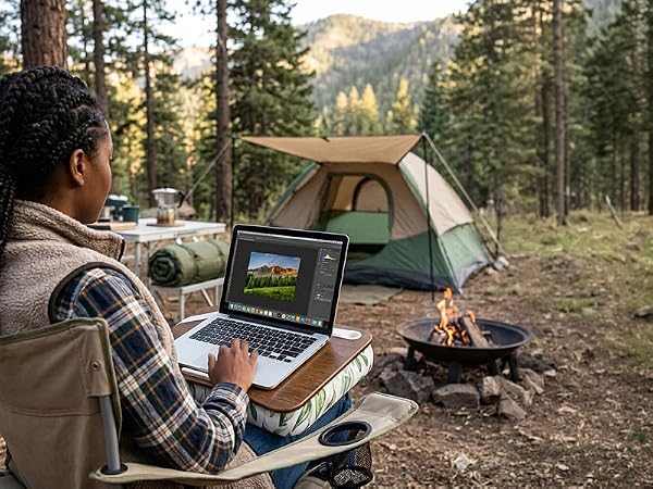 woman at a camp site using a lap desk to work remotely