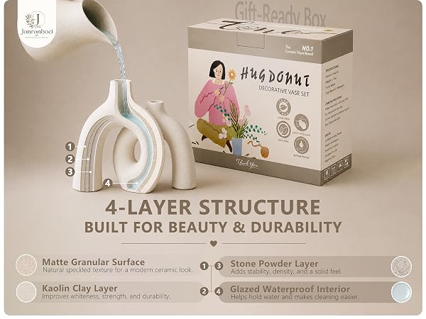 Ceramic donut vase showing a cutaway structure, waterproof interior, and gift-ready box.