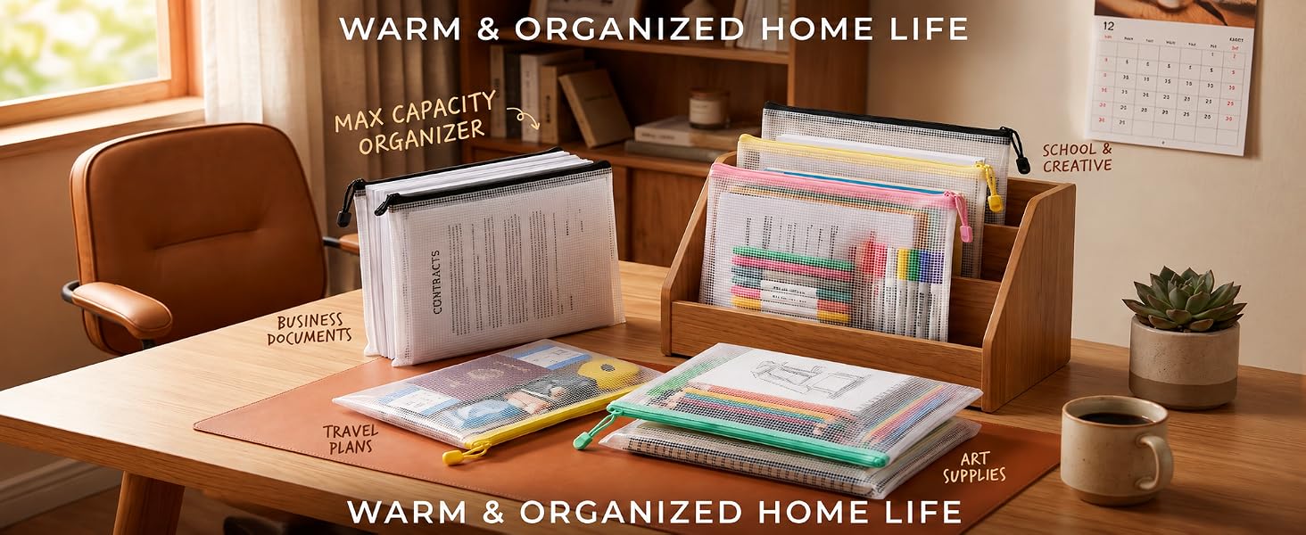 colorful mesh zipper storage pouches organize office stationery documents on home desk