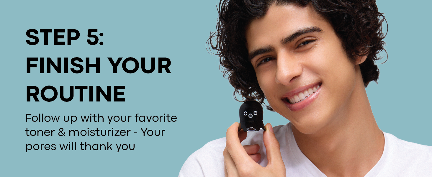 Step 5 - Finish Your Routine: smiling model holding Tako Scrub Stick against cheek