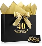 JMANNI Black Gold 40th Birthday Gift Bag with Card and Tissue Paper, 12.6"×9.84"×3.9" Elegant Pre...