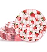 Liacere 32Pcs Strawberry Plastic plates - Strawberry Checkered Disposable Tableware - 16 Dessert ...