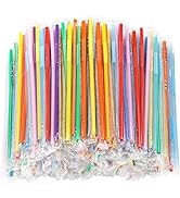 500PCS Flexible Disposable Plastic Drinking Straws, Individual Package 10.2 Inches Colorful Extra...