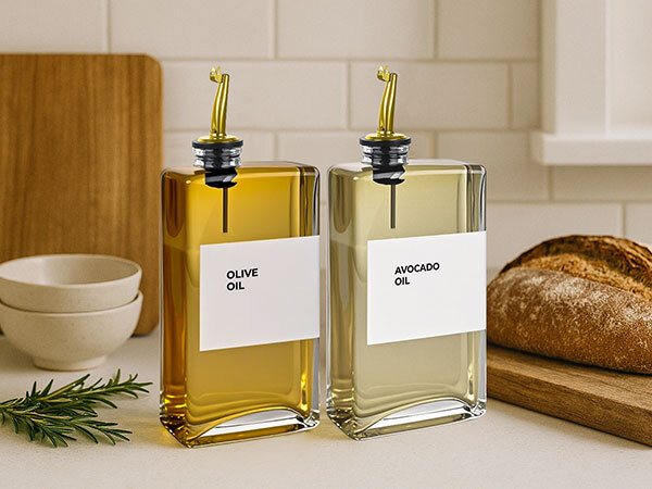 Two labeled glass oil dispensers with gold spouts on kitchen counter