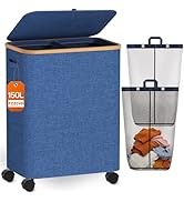 Laundry Hamper with Wheels, 150L Large Clothes Hamper with Removable Inner Bag, Collapsible Dirty...