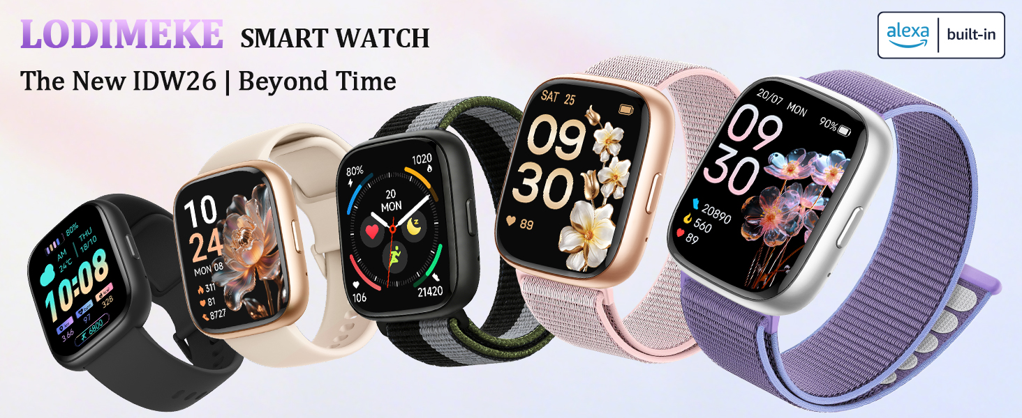 Text reads 'LODIMEKE SMART WATCH', 'The New IDW26 | Beyond Time'. Display of smartwatches with various band colors including purple and pink, showing different watch faces.