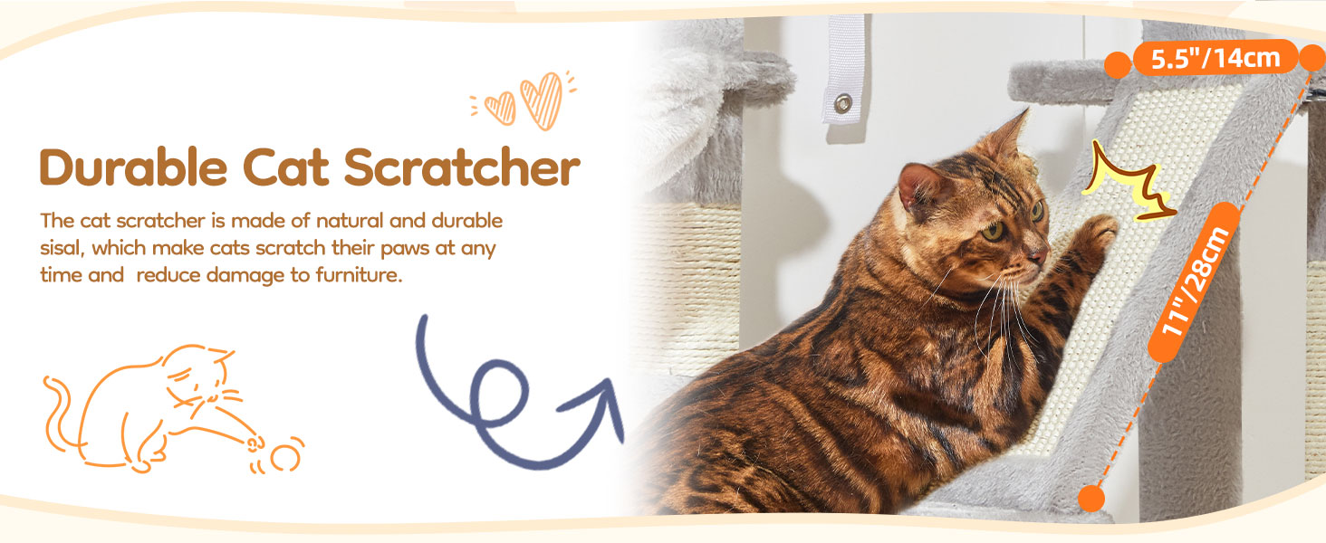 Text reads: 'Durable Cat Scratcher' 'tiny and reduce damage to furnitur'. Marketing image showing cat scratching post product with informational text overlay.