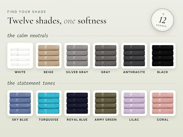 Bath towels in 12 colors: white, beige, gray, black, blue, green, lilac, coral towel stacks