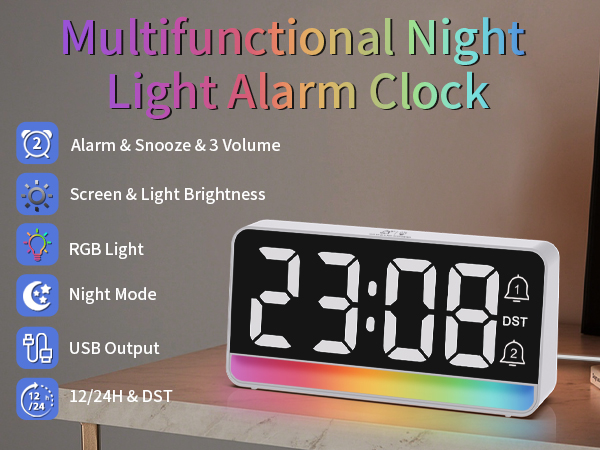 Multi-Color Nightlight Alarm Clock Adjustable Brightness & Display