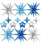 14pcs Blue Silver Star Balloons, Mixed Star Foil Balloon, 22Inch Explosion Stars Balloons with 10...