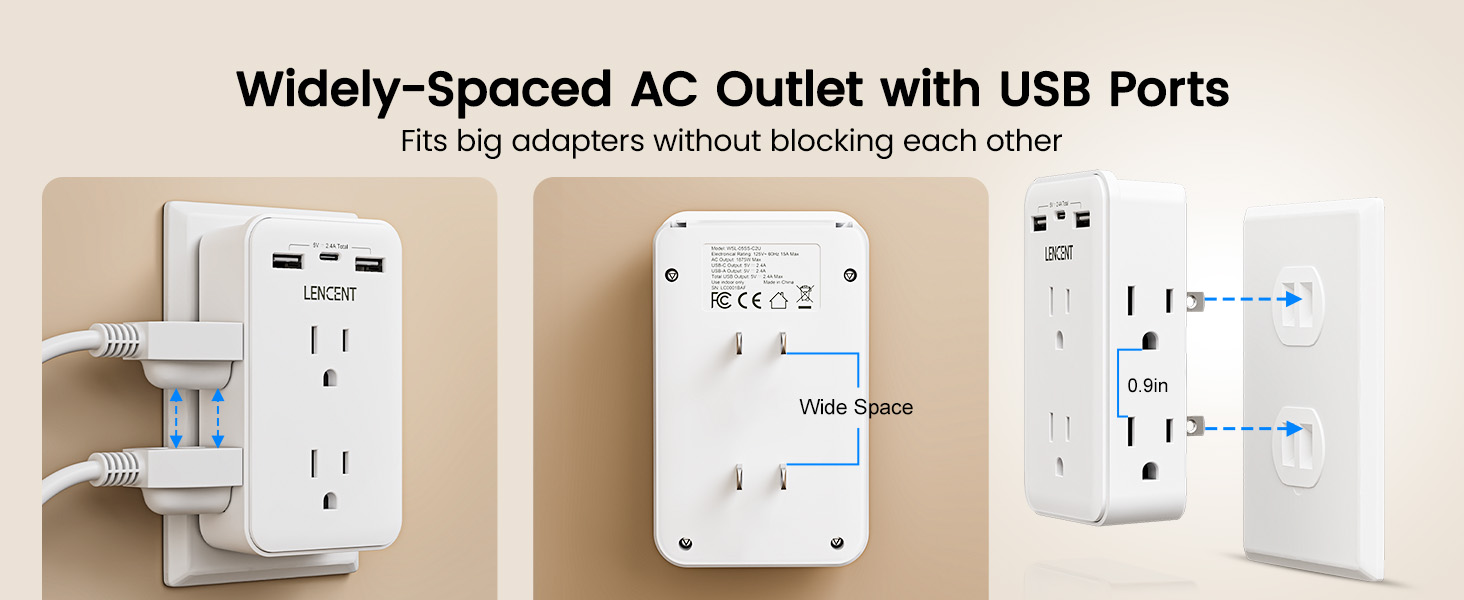 Widely-Spaced AC Outlet with USB Ports without Blocking each other