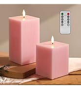 Girimax Pink Flameless Candles with Remote, Square Ribbed LED Candles Set of 2, Flickering Batter...