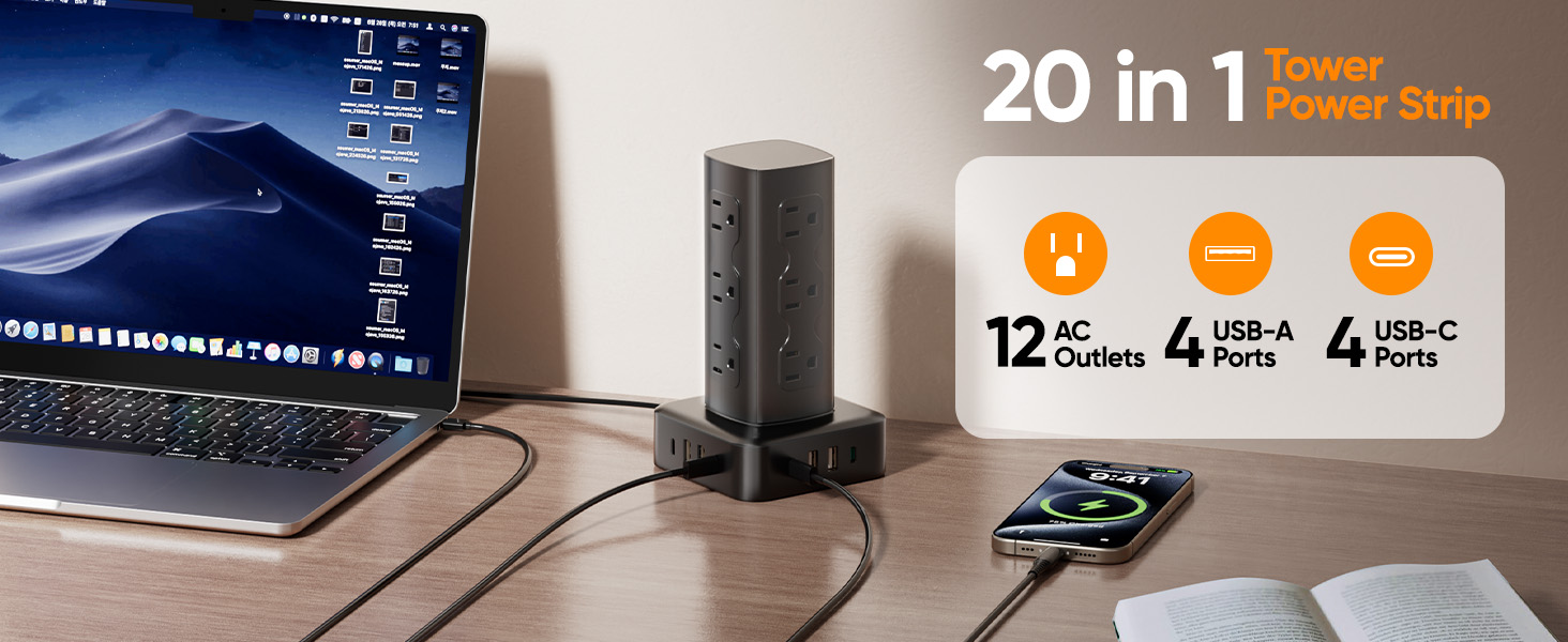 Tower Power Strip Surge Protector, Charging Station Tower