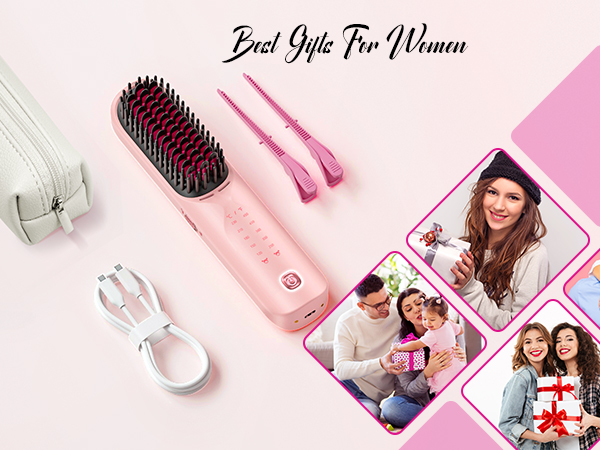 cordless hair straightening brush portable hair straightener women wireless travel gift Pink ionic